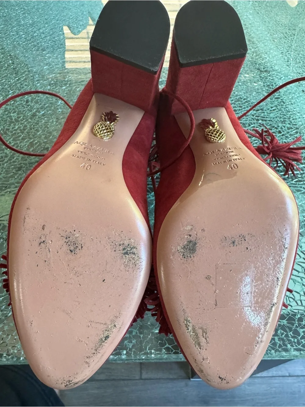 Aquazzura Women's Burgundy Tassel Lace-Up Pumps 40